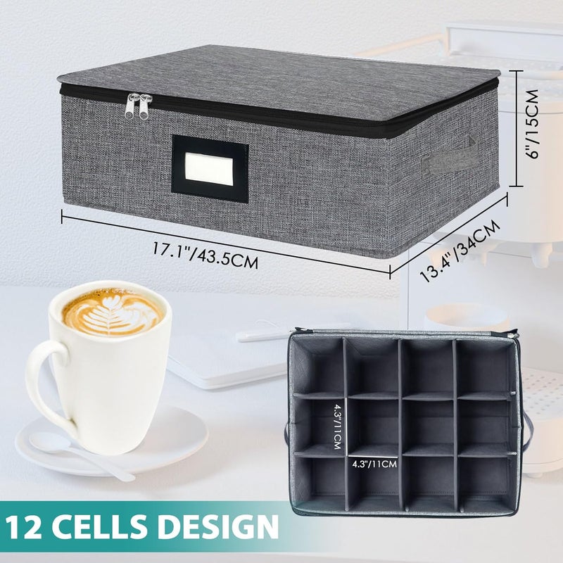 VERONLY Mug and Cup Storage Box with Dividers, Coffee Mug Storage Case China Storage Containers Hard Shell with Lid and Handles, Stackable for 12 Coffee Mugs, Tea Cups, Moving & Packing (Dark Grey) - Image 2